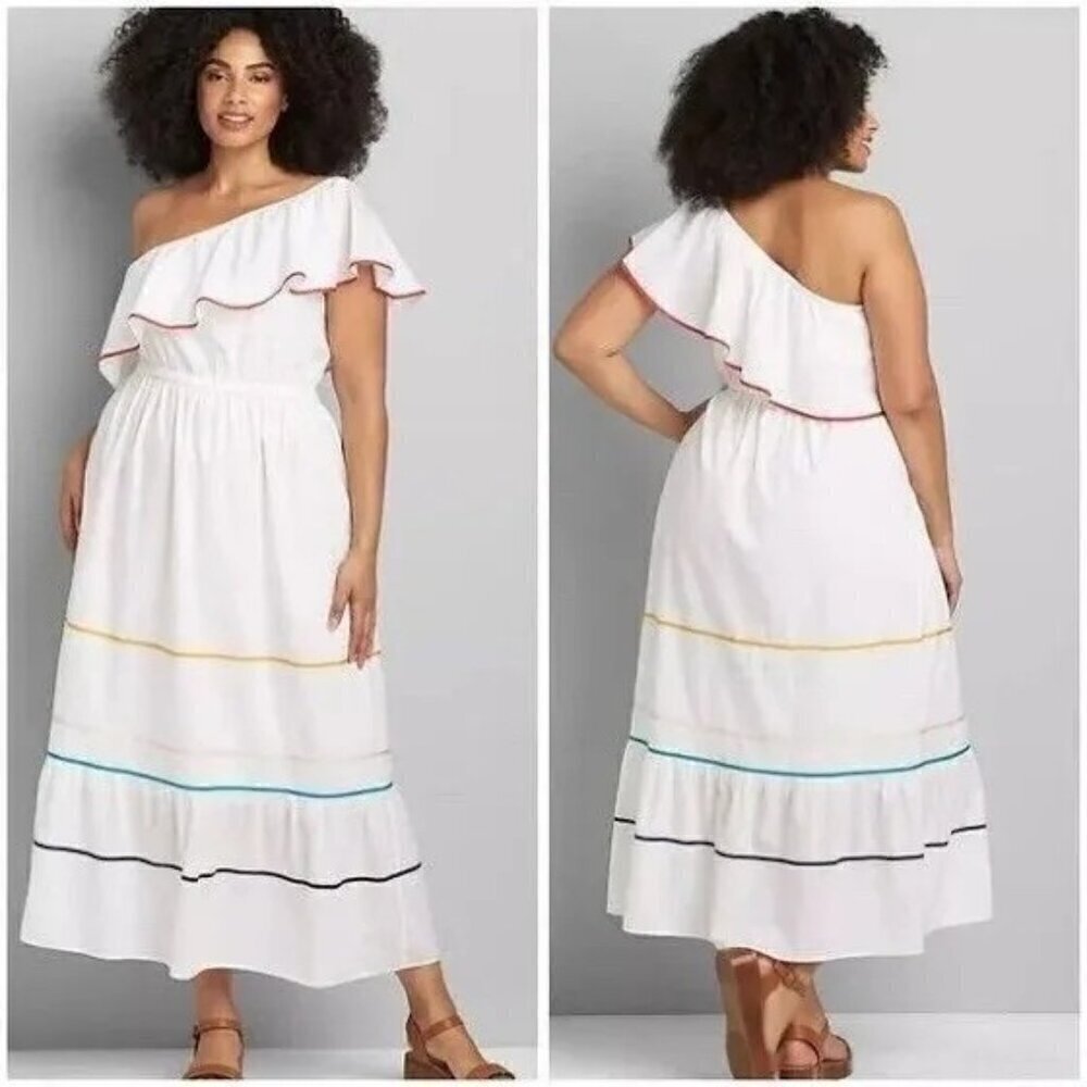 Lane‎ Bryant Maxi Dress One Shoulder Ruffle White Rainbow Trim Lined Sz 20 P NEW
